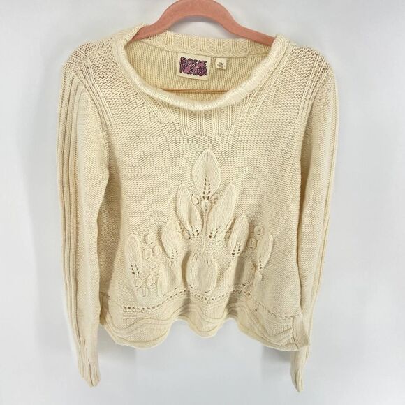 Anthropologie Rosie Neira Cream Round Neck Wool upraised knit Sweater womens L - Picture 3 of 9